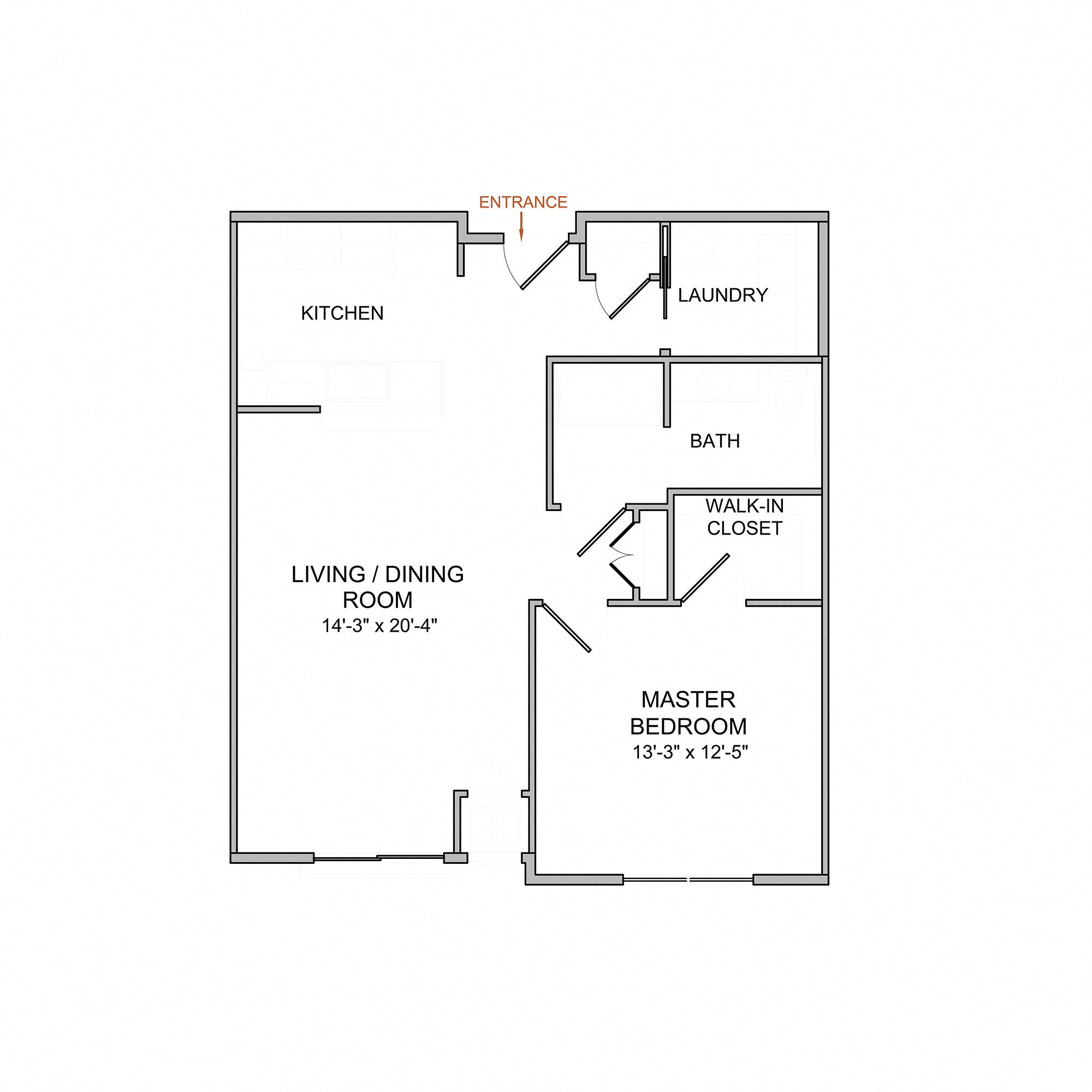 Floor plan for 1 bed, 1 bath, 832 sqft